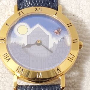 Vintage Walt Disney’s Peter Pan Tinkerbell Watch Blue Black Leather Gold Tone SS